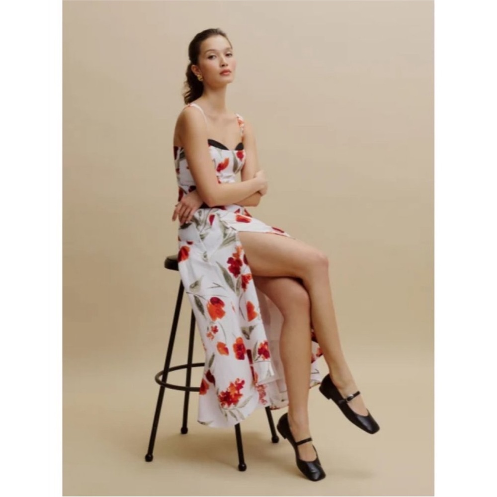 NWT Reformation Bekki Linen Dress in Rubi White Floral Sleeveless Midi Size 0